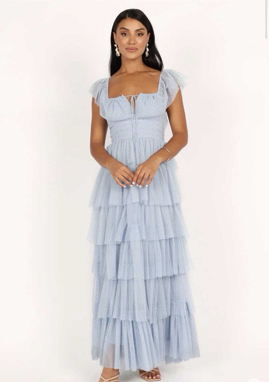 Light Blue Tiered Maxi Dress with Square Neck